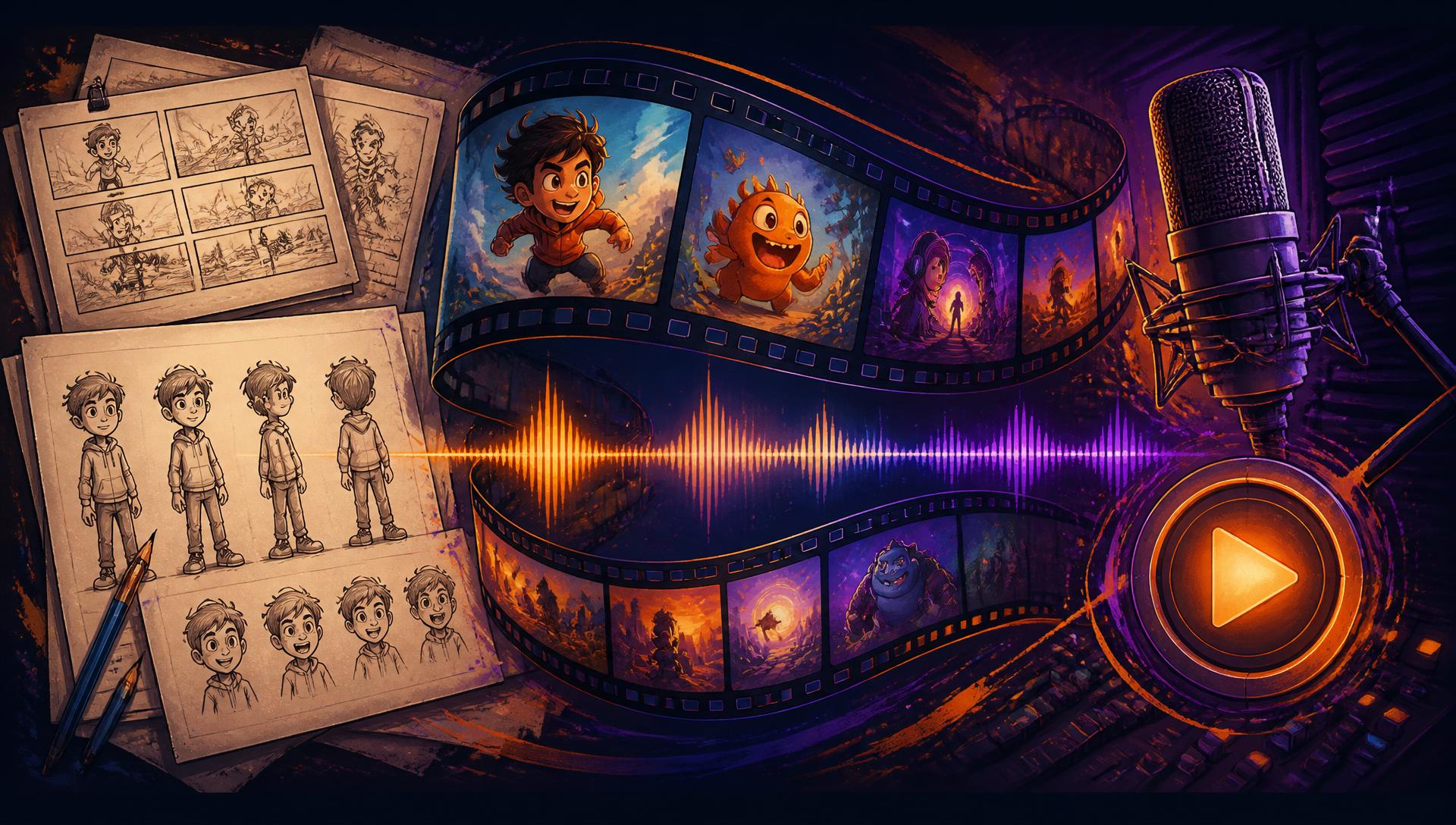 Storyboard panels, film strip, waveform and microphone representing the cartoon video pipeline